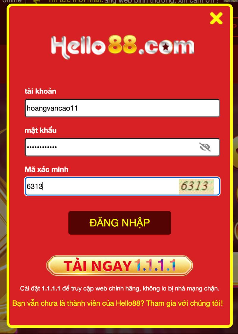 Hướng Dẫn Nạp Tiền Hello88 – Giao Dịch Nhanh Gọn 2 Bước 2: Điền đúng thông tin đăng nhập để tiếp tục.