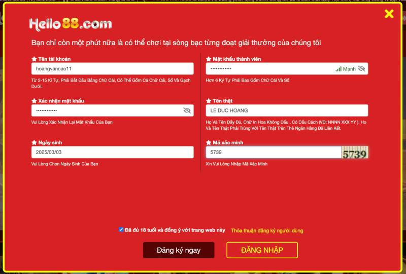 Hướng Dẫn Đăng Ký Hello88 Nhanh Chóng Chỉ Trong 1 Phút 4 Bước 2: Điền thông tin cá nhân chính xác